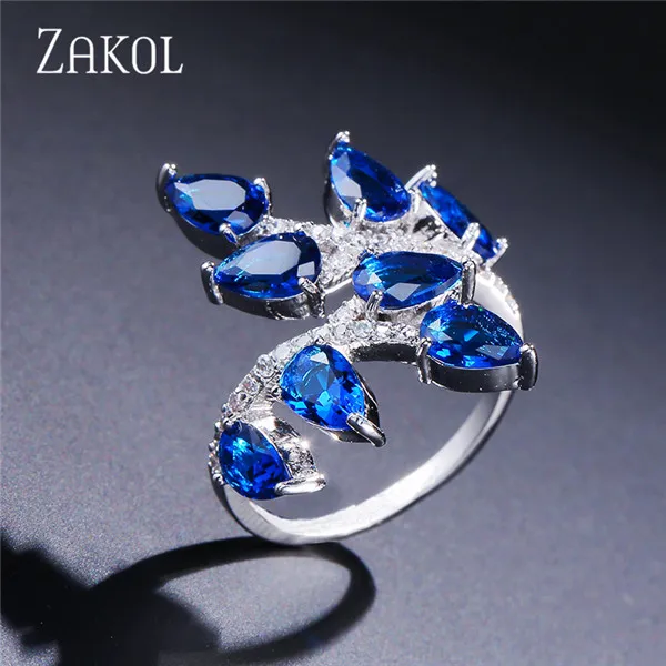 Blue ZAKOL классические открытые кольца с кристаллами циркония в форме листа для женщин Свадебные украшения оптом FSRP2024 - Цвет основного камня: Blue