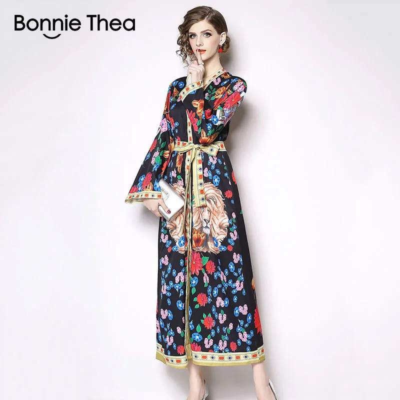 Bonnie Thea/весеннее женское платье черного цвета с принтом льва винтажное элегантное