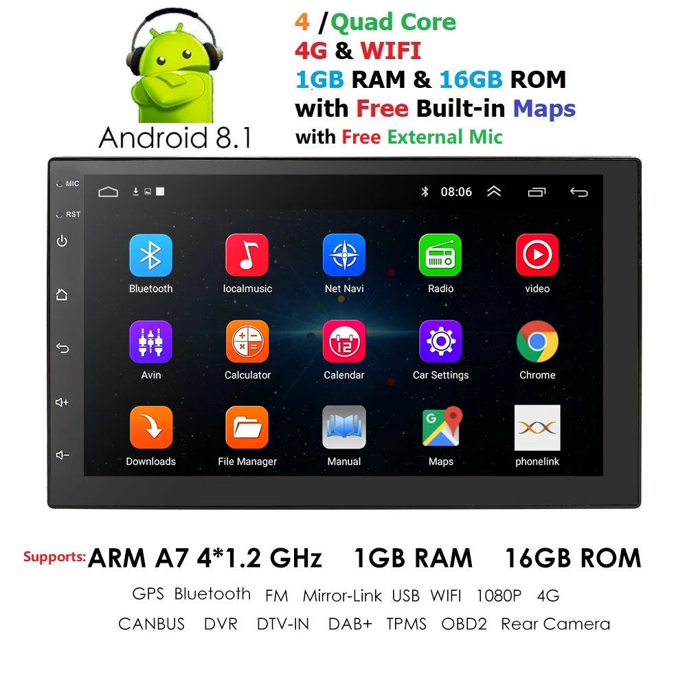 2 Din 7 ''четырехъядерный Универсальный Android 8,1 1 ГБ ram автомобильный радиоприемник стерео gps навигация WiFi 1024*600 сенсорный экран 2din автомобильный ПК obd dab