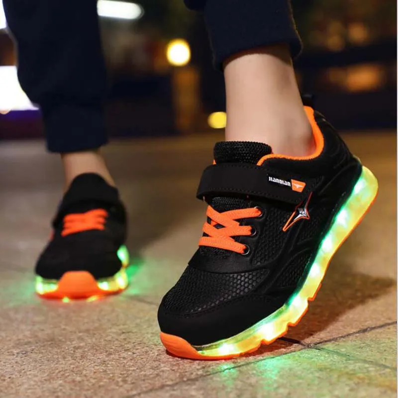 Children's LED shoes boys USB charging Genuine leather girls sneaker casual kids glowing women Euro size 25-37 | Детская одежда и