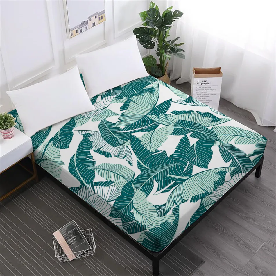 

Blue Green Leaves Bed Sheets Plant Print Fitted Sheet Summer Bedclothes Elastic Band Mattress Cover D25