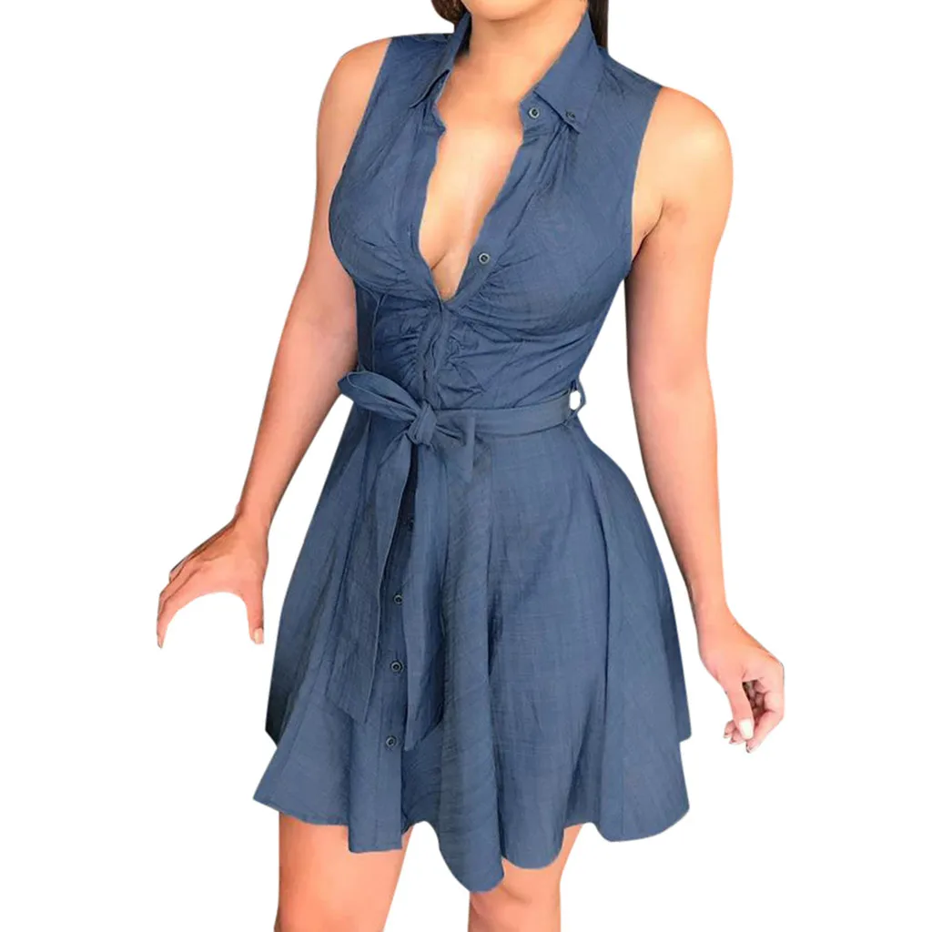 

Summer Sexy Dress Ladies Sleeveless Mini Solid Color Holiday Beach Dresses Women A-line Sashes Button Dress Vestidos #294