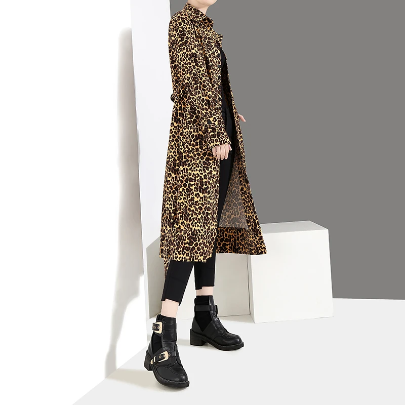 Новинка 2018 г. корейский стиль Для женщин зима Leopard длинный плащ с лацканами