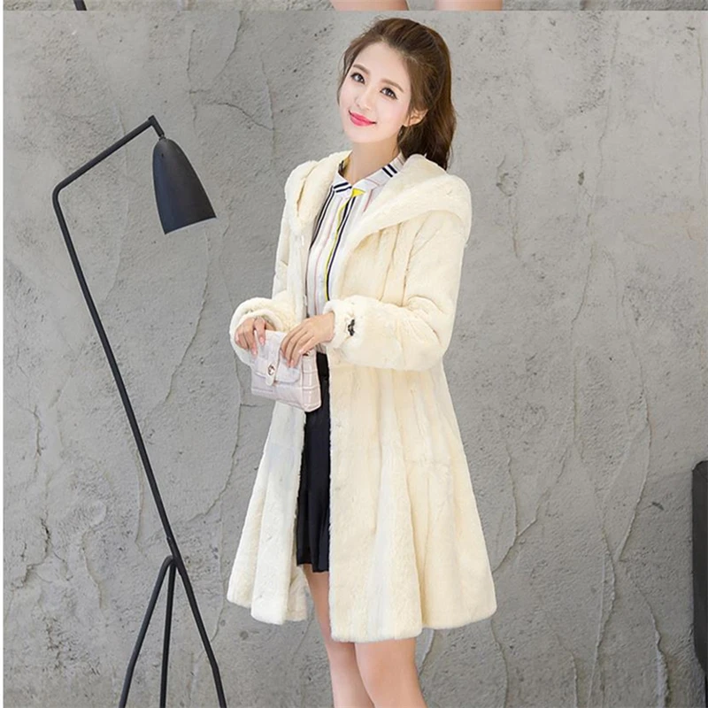 Зимняя женская длинная меховая шуба из искусственного кролика Осенняя черная