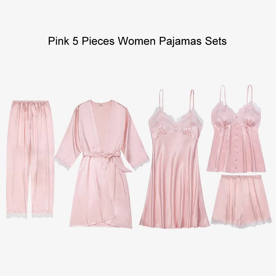 Pink Pajamas Set (1) Сексуальный халат и платье наборы для женщин атласная одежда для сна комплект из 5 предметов летний домашний вечерний комплект с платьем Slik кружевное ночное белье халат сексуальное ночное платье - Цвет: Pink Pajamas Set (1)