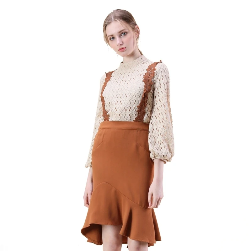 Misskoko Women Floral Lace Strap Solid Black Fishtail Skirt Office Lady High Low Frills Waist Bodycon | Женская одежда