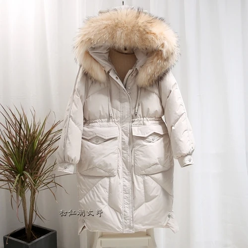 Creamy white-xingfen AYUNSUE пуховик для женщин с капюшоном длинное зимнее пальто для женщин большой воротник из меха енота корейское теплое пальто женские куртки KJ2551 - Цвет: Creamy white-xingfen
