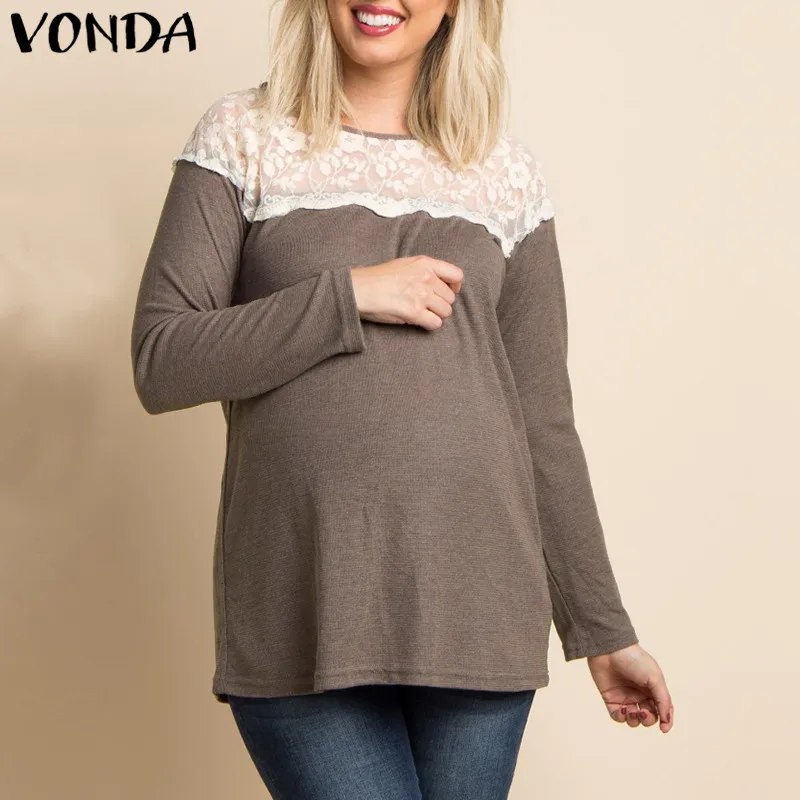 VONDA Одежда для беременных Осенняя блузка для беременных женщин рубашки кружевные с длинным рукавом Повседневные Свободные топы для беременных Большие размеры