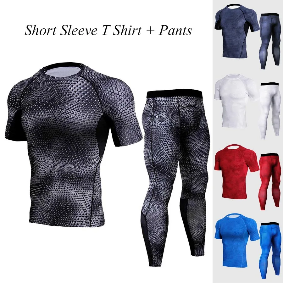Мужской компрессионный тренировочный костюм с короткими рукавами и леггинсами |