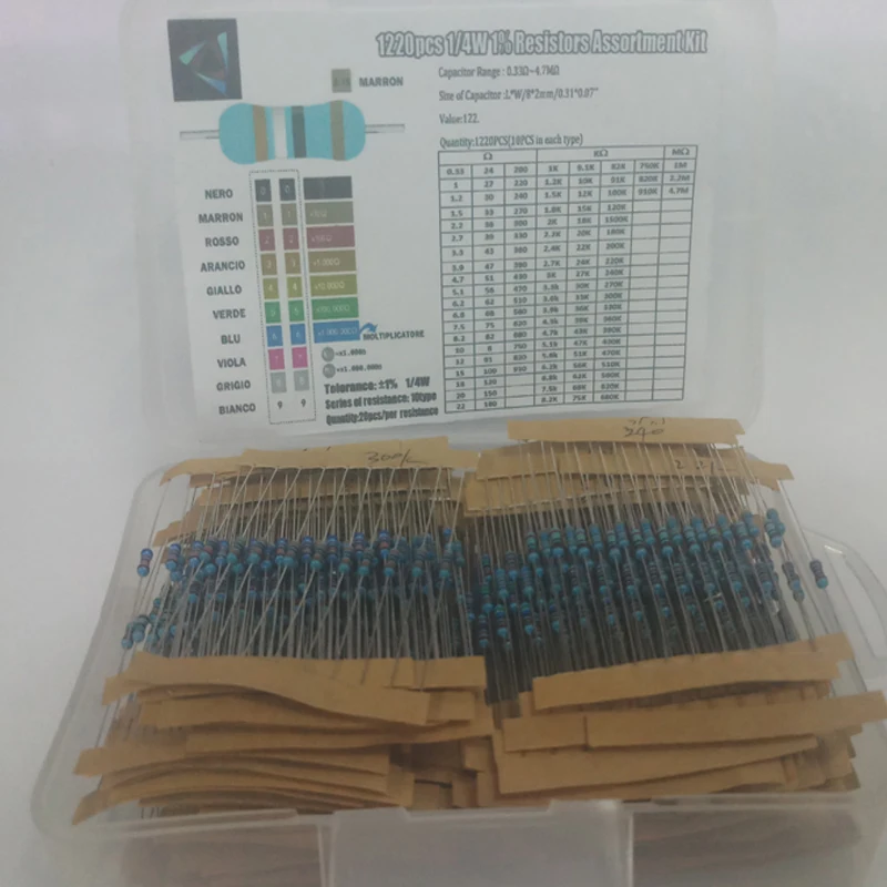 1/4 Вт 0,25 122valuesx10pcs = 1220 шт. 0.33R~ 4,7 M 1% металлического пленочного комплект резисторов в ассортименте коробка