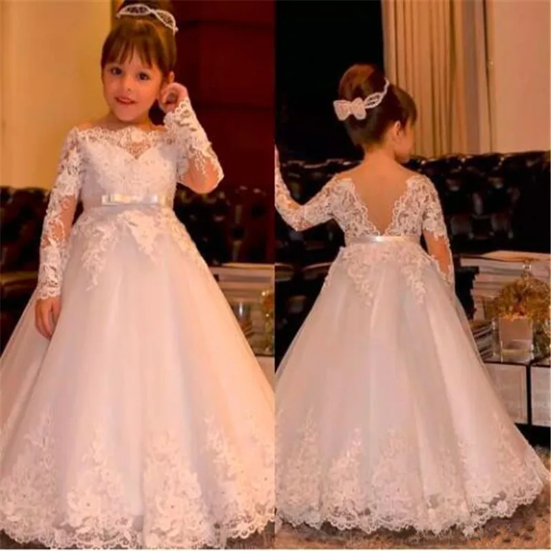

Cheap Flower Girls Dress For Weddings Long Sleeves Lace Appliques Sash Holy First Communion Dress Pageant Gowns