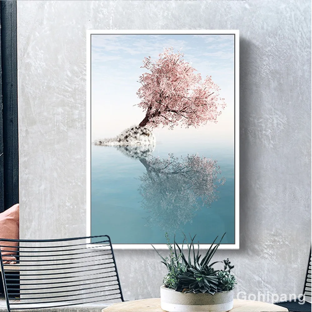 Скандинавский современный минималистичный художественный пейзаж с деревом