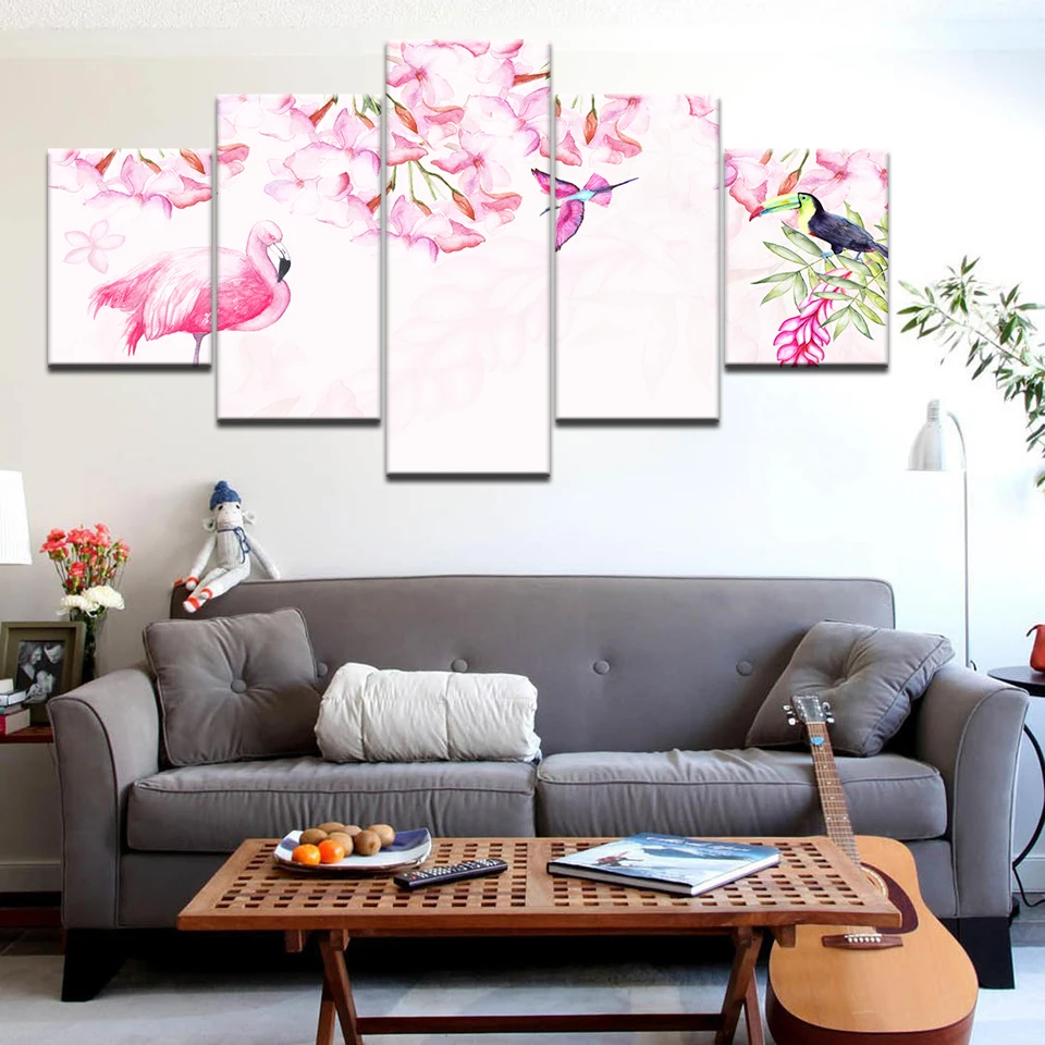 Abstract Watercolor Flower Wall Art Canvas Painting Animal Bird Pink Mural Flamingo Home Decor Living Room Picture Poster | Дом и сад