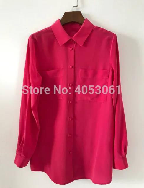 Rose red as pic Шелковая блузка с длинными рукавами, топ с двойными карманами, весна-лето, белая/черная/желтая/красная/Розовая/темно-синяя рубашка, Топ - Цвет: Rose red as pic