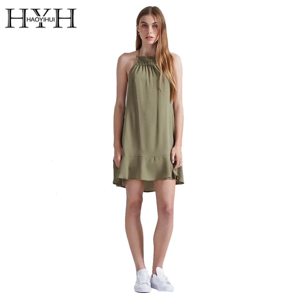 HYH haoyihui Армейский Зеленый оборками Лоскутная Холтер Женское платье Sexy Свободные