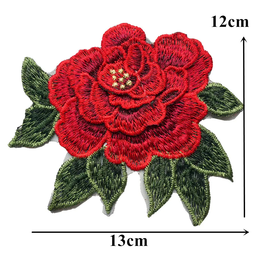 Red Rose Leaves 3D Flowers Embroidered Fabric Appliques Mesh Trimmings Sew On Patches For Wedding Bride Dress DIY Decoration | Дом и сад
