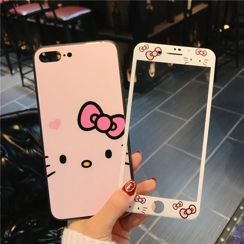 Для iphone 8/7 plus стеклянный чехол розовый рисунок Hello Kitty закаленное стекло + крышка