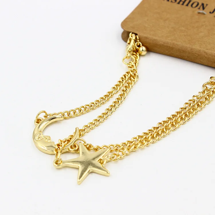 2pc/1set korean boho women hand chains jewelry gold silver plated moon star carving bangle bracelet pulseira | Украшения и