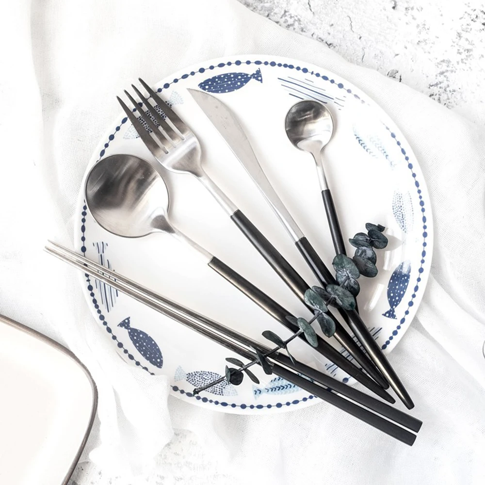 Лучшие Черные и серебряные столовые приборы из нержавеющей стали 304 4 шт.|Столовые