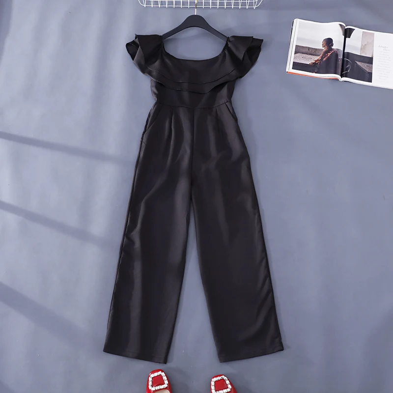 ALPHALMODA, летние комбинезоны с оборками, одноцветные, с вырезом лодочкой, с высокой талией, широкие, женские комбинезоны, модные комбинезоны