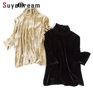 Женская бархатная блузка, 16 процентов натурального шелка, 84% вискоза, однотонная, половина рукава, повседневный топ с воротником-стойкой, 2021 Весенняя футболка цвета хаки, фиолетовый
