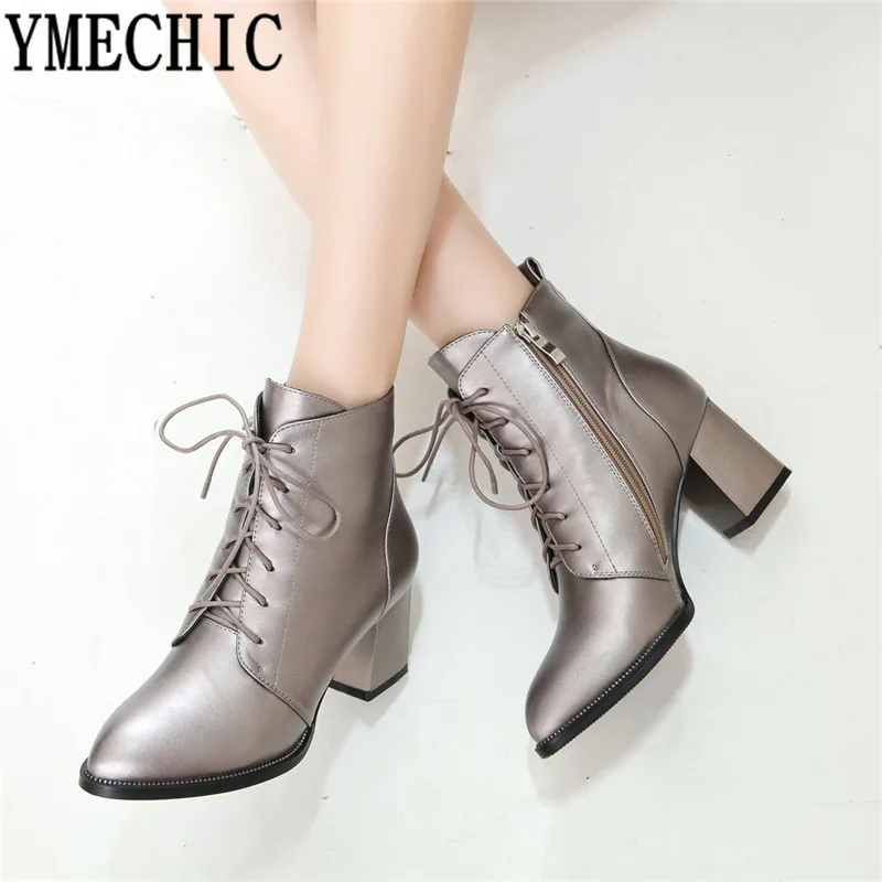 YMECHIC/осенне-зимние ботильоны для женщин на шнуровке с острым носком цвет красный