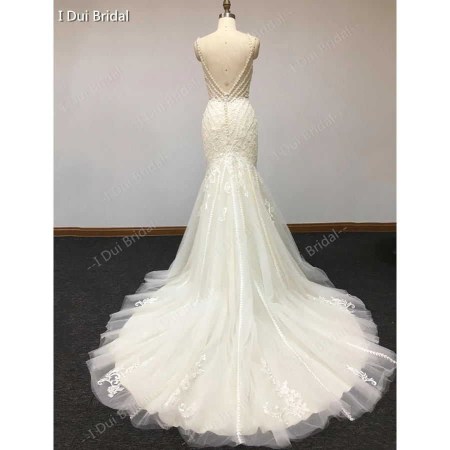 V Neck Mermaid Wedding Dress Lace Appliqued New Factory Custom Made Bridal Gown