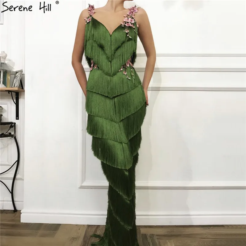 Green Sleeveless Tassel Tiered Sexy Evening Dresses 2021 V-Neck Flowers Mermaid Long Formal Dress Serene Hill LA70027 | Свадьбы и