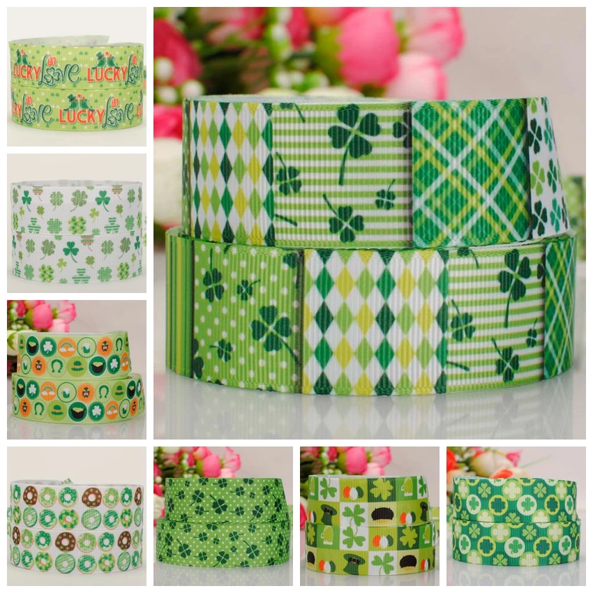 Лента с принтом Зеленый клевер 7/8 дюйма 22 мм|printed grosgrain ribbon|grosgrain ribbongift ribbon |