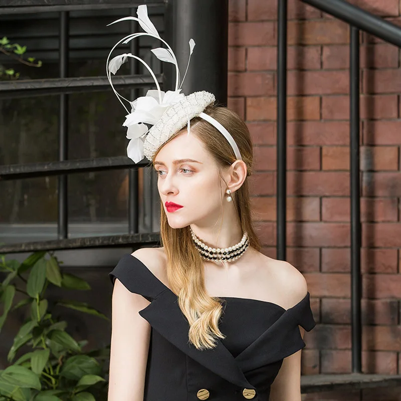 Женская шляпка FS белая винтажная с цветами|Женские фетровые шляпы| |