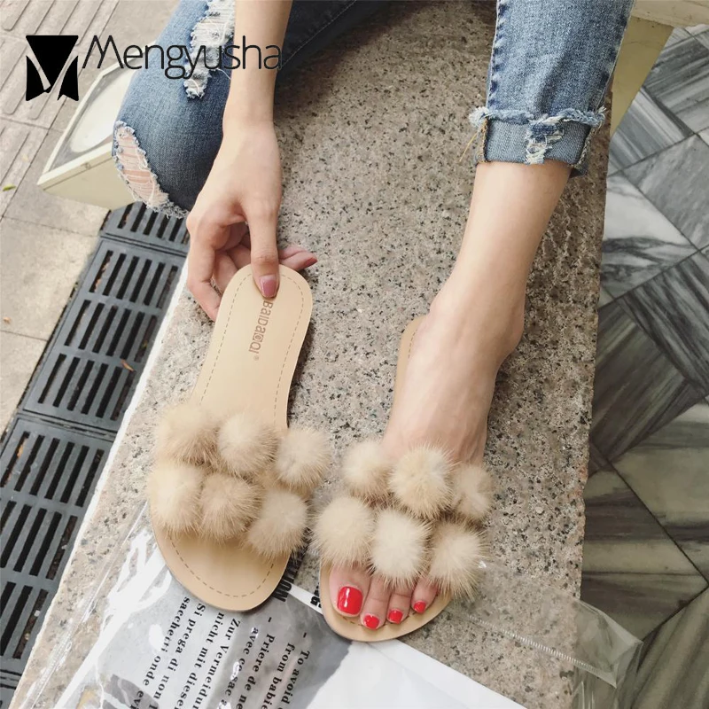 2018 Для женщин помпон пушистый слайды Обувь на меху женские меховые шарики