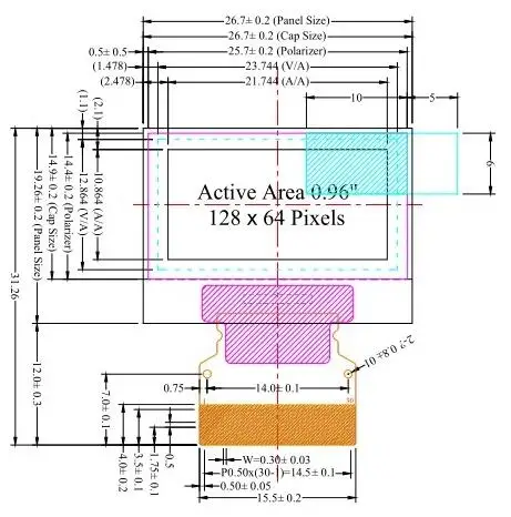 0,96 дюйма 30 P SPI белый/синий/цвет желтый, синий; размеры 34–43 OLED Экран SSD1306 Drive IC 128*64 Параллельный/I2C Интерфейс(12 мм FPC