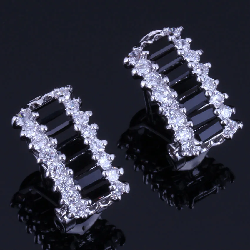 

Stylish Black Cubic Zirconia White CZ Silver Plated Clip Hoop Huggie Earrings V0924