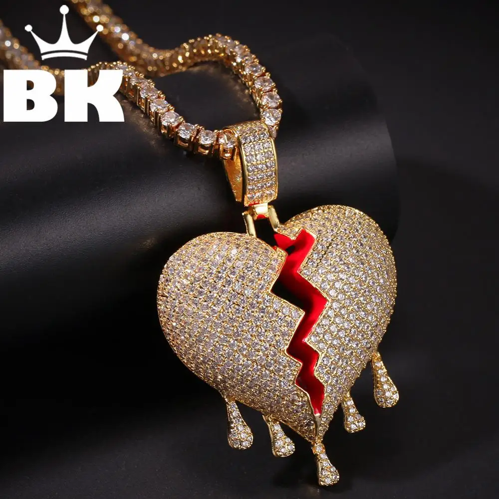 THE BLING KING Custom A broken heart with water droplets Necklace Hip Hop Full Iced Out Cubic Zirconia gold sliver CZ Stone