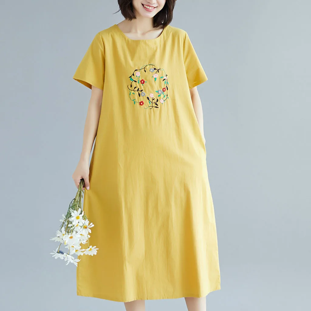 Женское длинное платье с круглым вырезом и коротким рукавом из хлопка льна