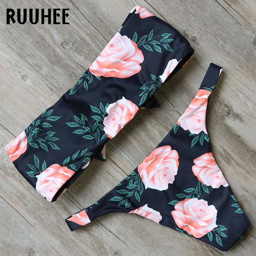 RUUHEE, Цветочный купальник бикини, женский купальник,, бразильский комплект бикини, купальный костюм, без бретелек, пляжная одежда, Мягкий купальник, купальник