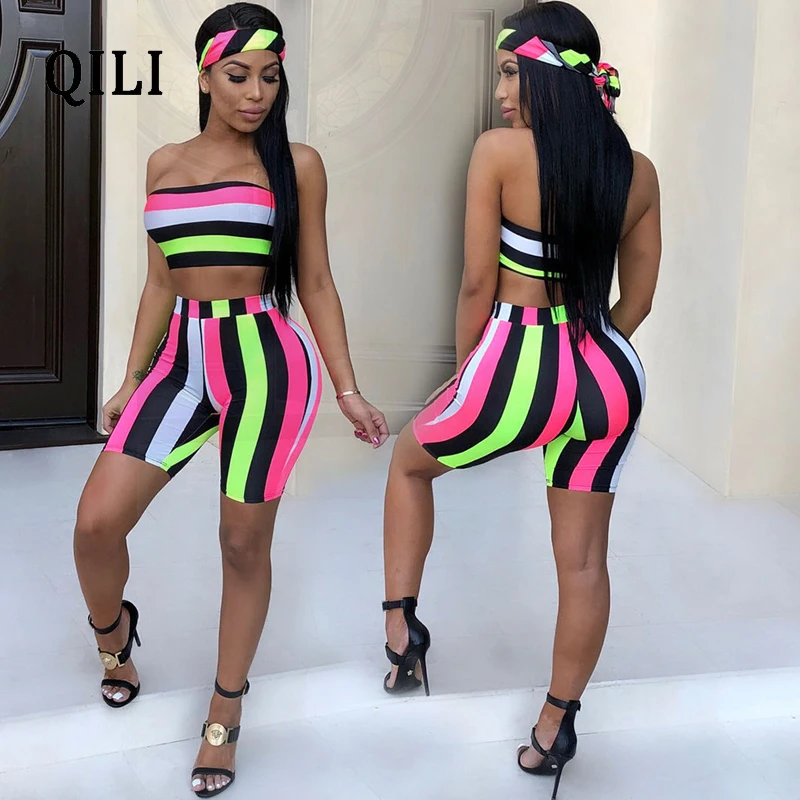 

QILI Colorful Striped Sexy Off Shoulder Rompers Jumpsuit Summer Women Casual Two Piece Set Beach Rompers Short Pants Jumpsuit