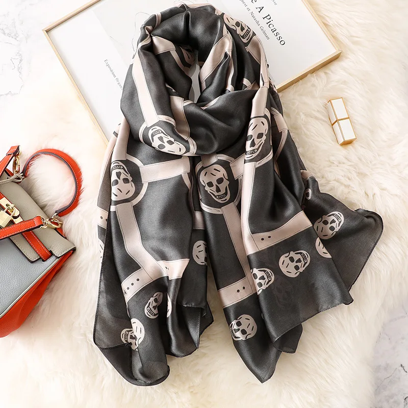 Роскошные брендовые новые женские летние шелковые шарфы, модный шарф с принтом черепа, шали, бандана, пляжные палантины