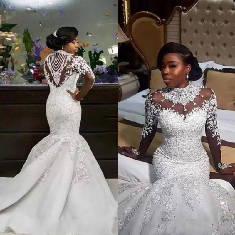 

2018 Latest Luxurious High Neck Mermaid Wedding Gowns Crystals Sheer Long Sleeve Africa Wedding Bride Dress Vestido De Novia