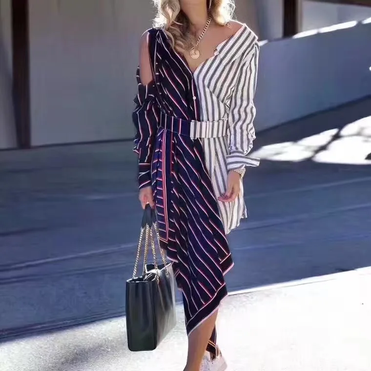 Twotwinstyle Асимметричный платье рубашка Для женщин с открытыми плечами Полосатый