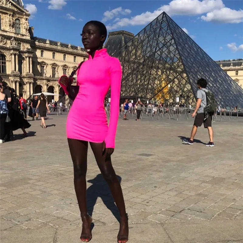 Женское облегающее платье неонового цвета на молнии вечерние платья мини с