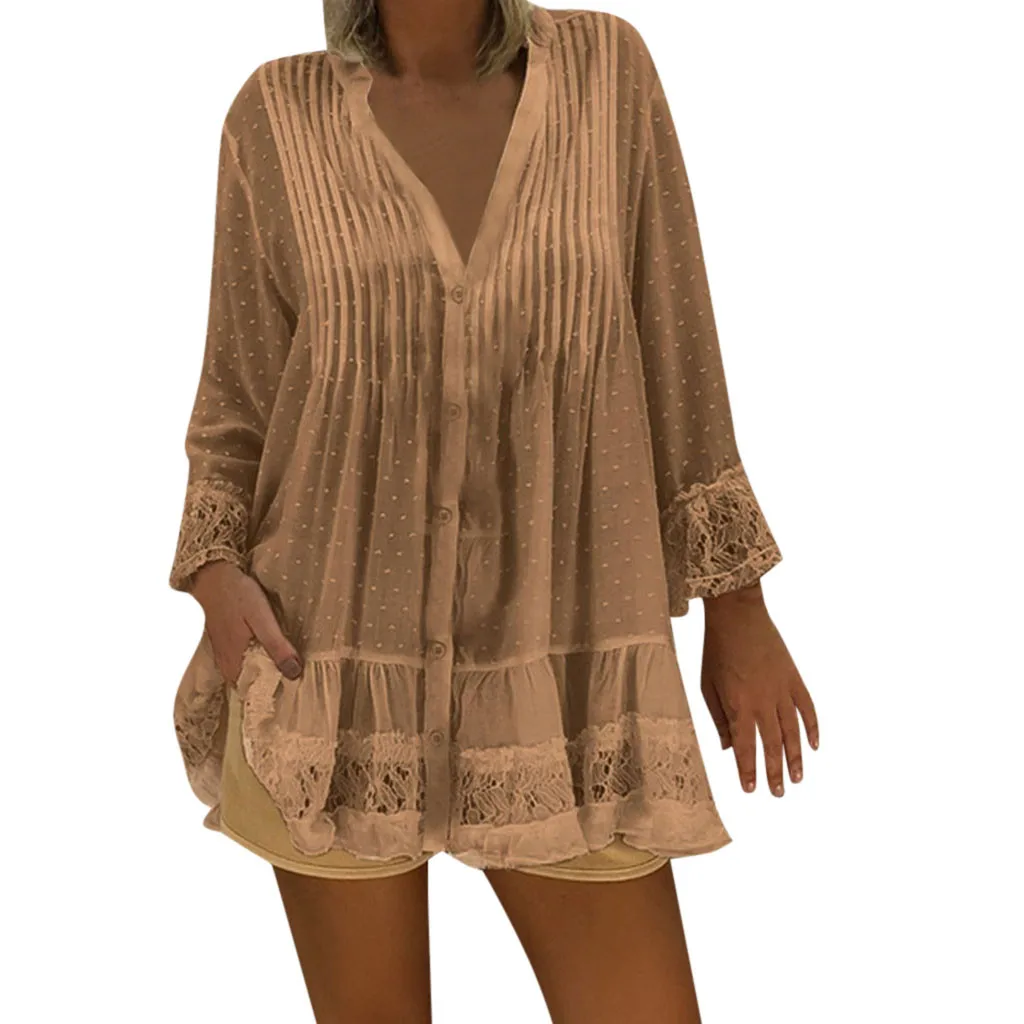 Boho пляжная кружевная Лоскутная футболка Женская свободная повседневная с v-образным вырезом кафтан крышка элегантного размера плюс женская винтажная верхняя одежда femme# ss