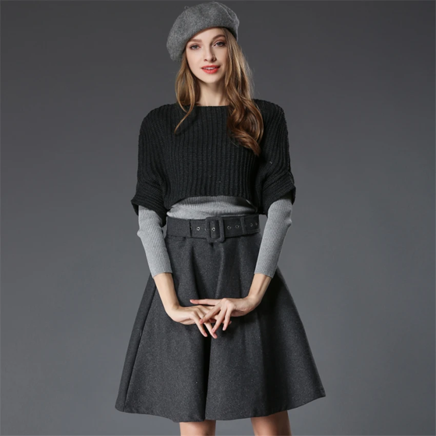 Новинка 2017 Осень и зима темперамент вязаный свитер шерстяной плащ юбка три 1