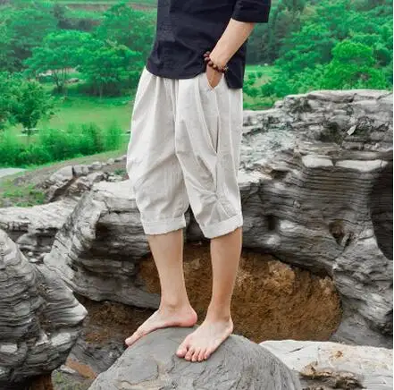 

S-6XL!! 2017 Summer wear cotton and linen loose wide-legged 7 minutes of pants With leisure beach men's trousers