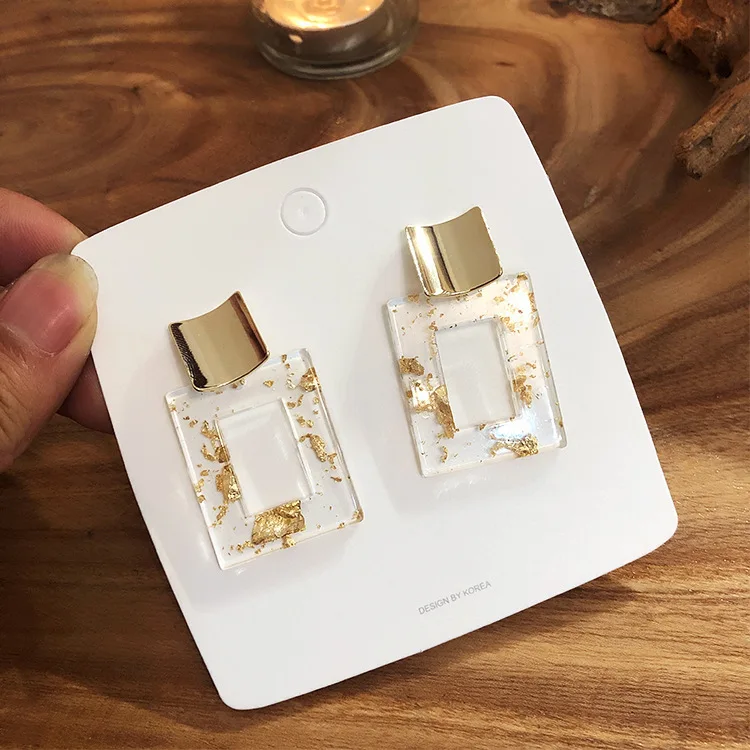 HUANZHI 2019 Gold Foil Luxury Rectangle Hollow Golden Geometric Transparent Elegant Drop Earrings for Women Party Holiday Girl | Украшения