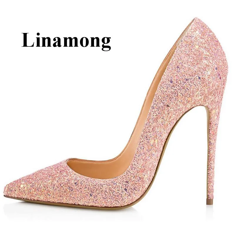 

Glitter Bling Bling Fashion Lady Shoes Sexy Pointed Toe Thin High Heel Shallow Classic Women Pumps Two Color Pink and Purple