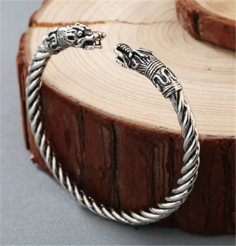 as picture QIMING Dragon браслет, браслет Викинг Фенрир, языческий браслет, мужские ювелирные изделия, славянская голова волка, браслеты-манжеты для женщин, браслеты из серебра - Окраска металла: as picture