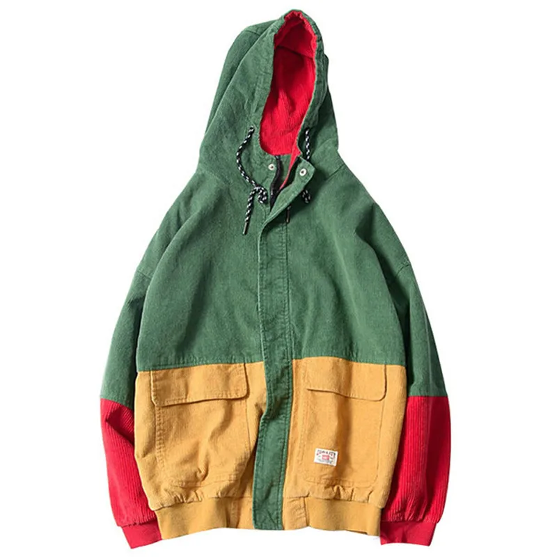 

Hip Hop Corduroy Hooded Patchwork Couple's Jacket Bomber Cargo Block Hoodies 2019 Spring Casual Streetwear Jackets Dropshipping