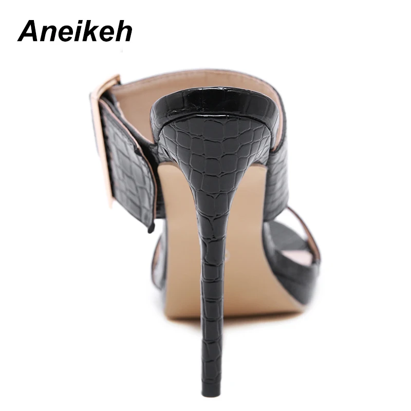 Aneikeh 2023 Classic PU Summer Slippers Women Slip-on Thin High Heel Round Toe Buckle Strap Shallow Party Black Solid Size 35-40