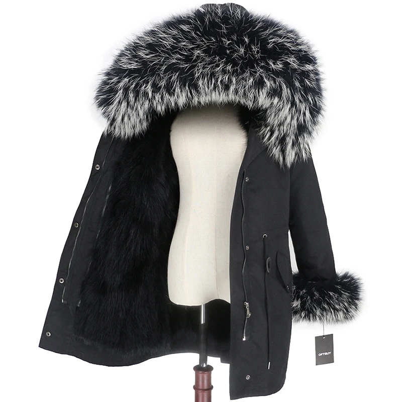 black black black W OFTBUY пальто с натуральным мехом енота, капюшон с манжетами, подкладка из лисьего меха, зимняя куртка, Женская длинная парка, водонепроницаемая верхняя одежда, новинка - Цвет: black black black W